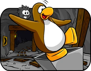A penguin dancing in a cave