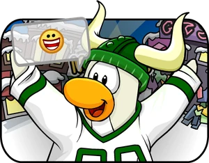 A penguin in a horned helmet and a green jersey holding a jar