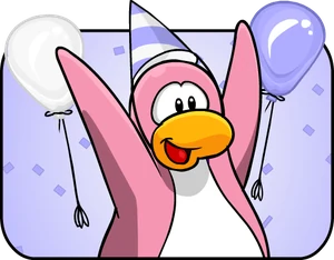 A pink penguin in a party hat with balloons